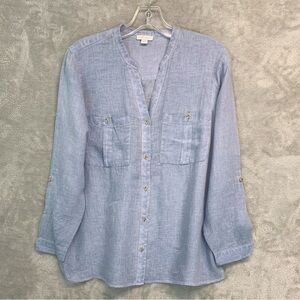 J Jill Love Linen Light Blue Button-Up Tunic Blouse Tab Sleeves Size M